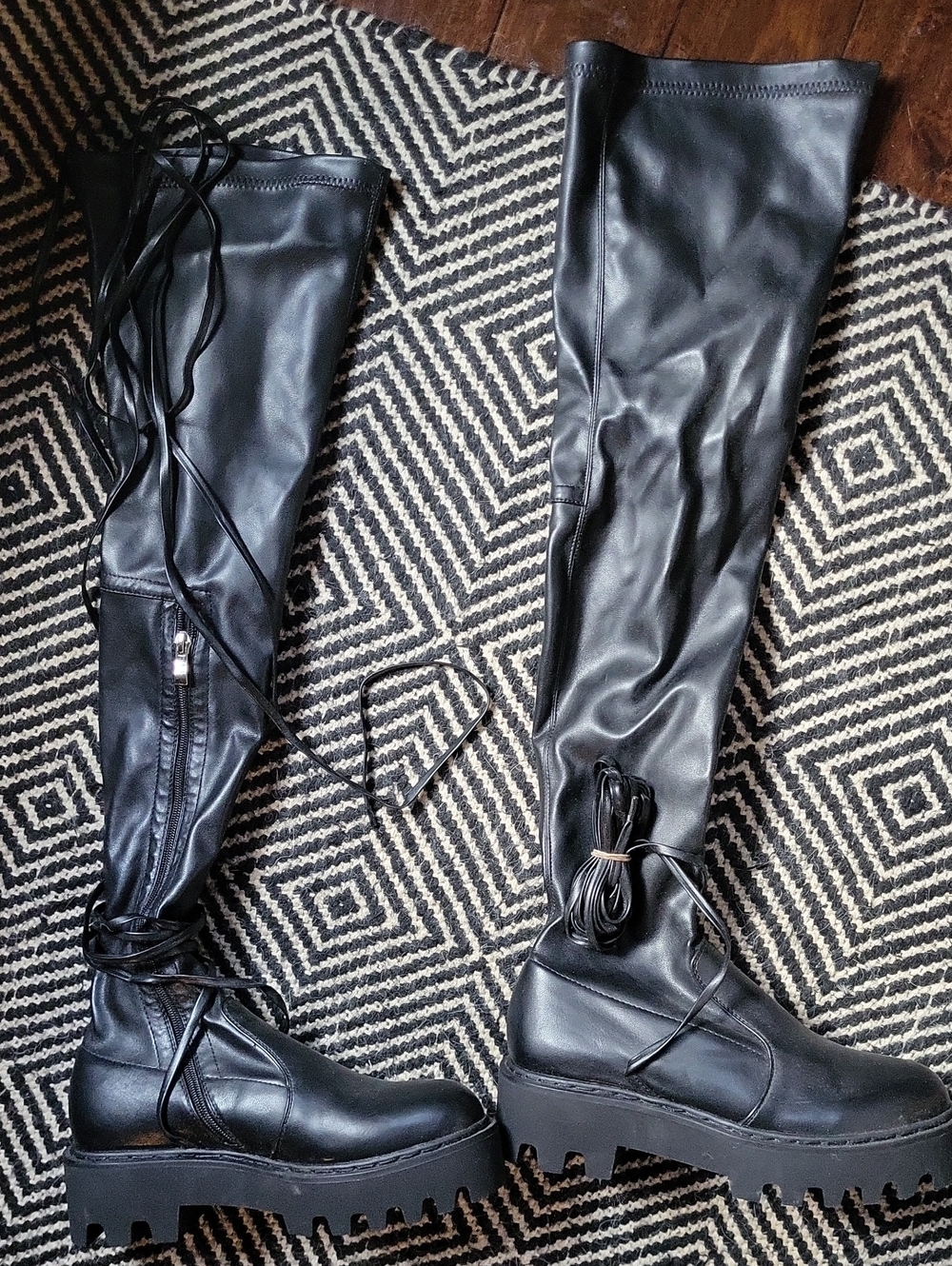 Black Over-the-Knee Lace-Up Chunky Sole Boots